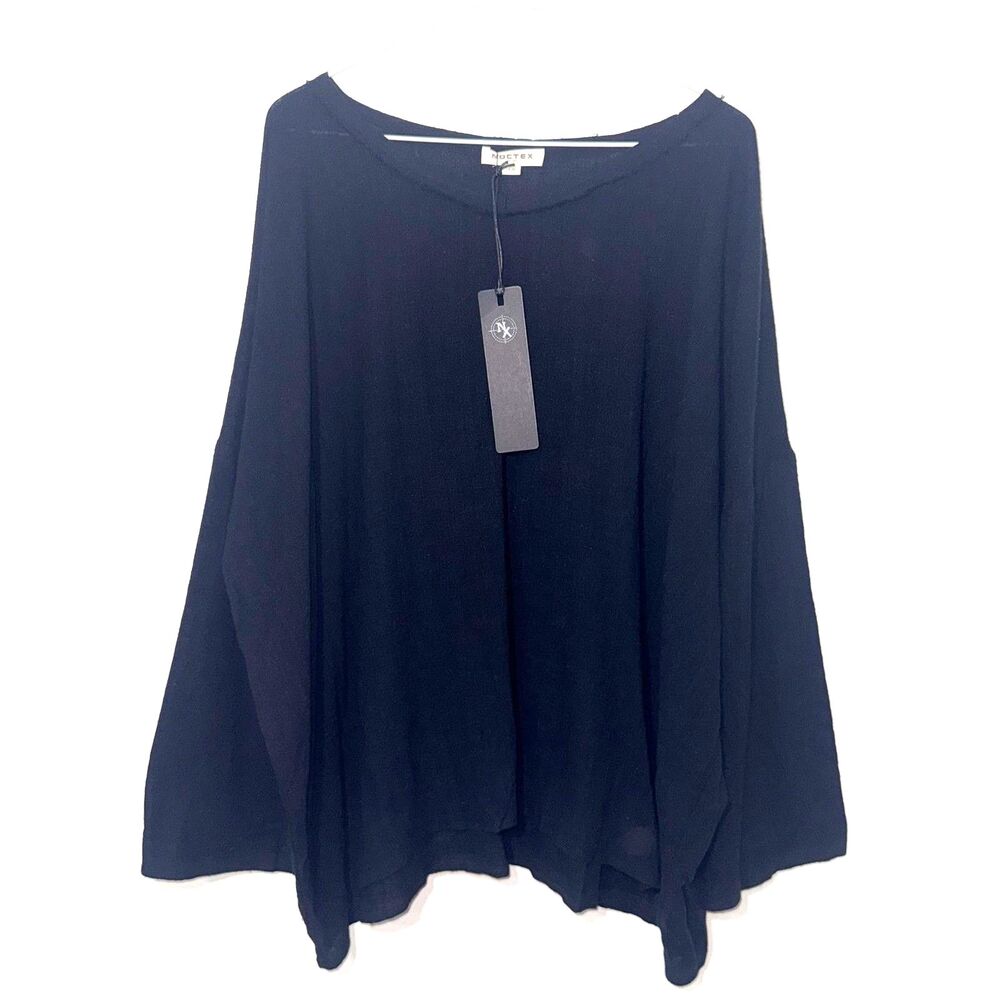 NOCTEX Deconstructed V Neck Cotton 3/4 Sleeve Blouse - Black S/M